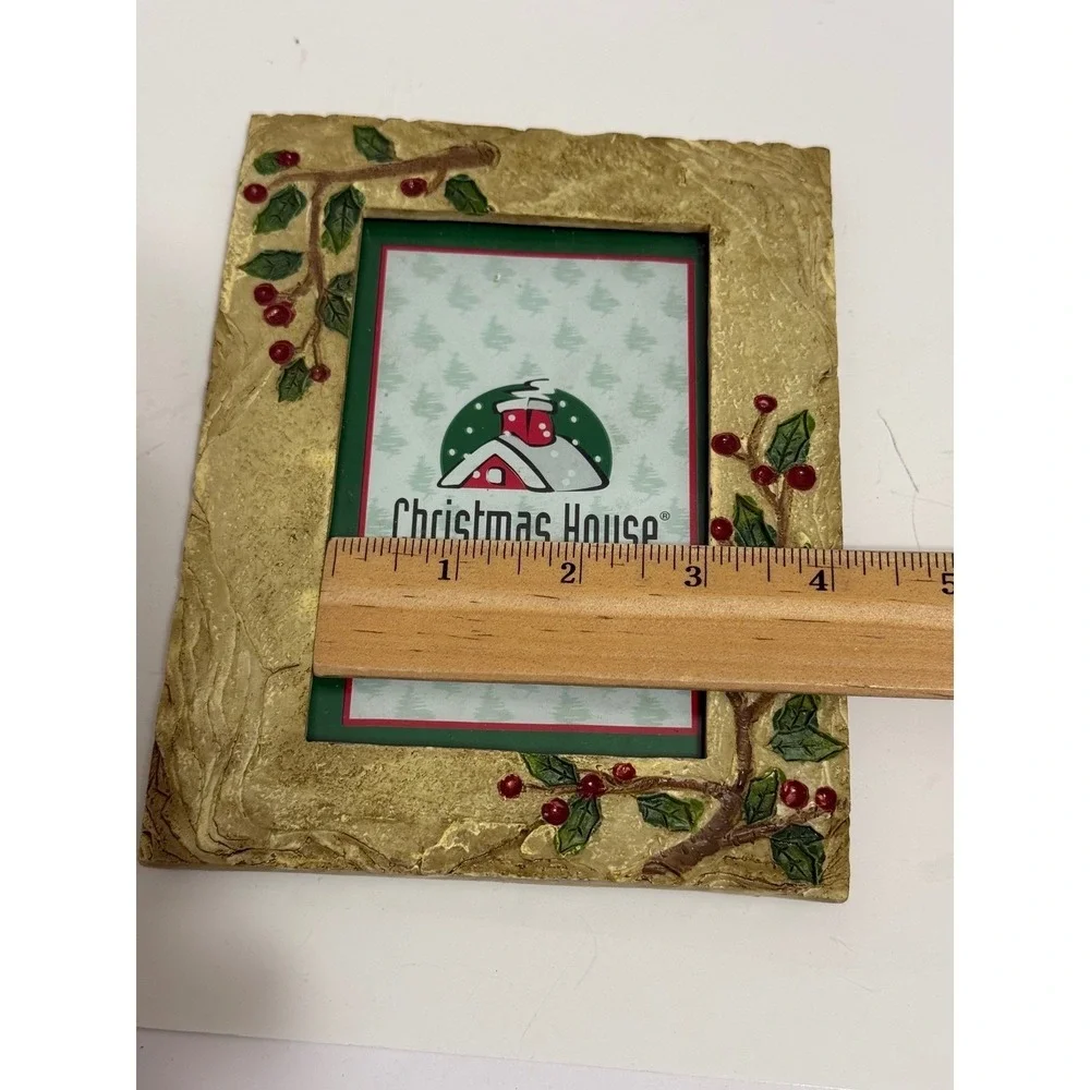 Christmas House Gold Holly Berry 3.5x5 Picture Frame Textured Resin Holiday Deco